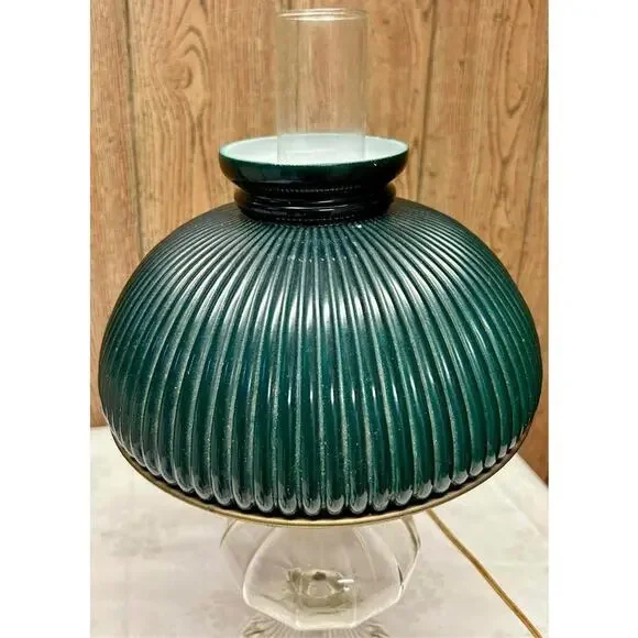 Vintage Electric Oil Lamp w/ Green Ribbed Glass Shade & Brass Burner –20.5" Tall - Picture 15 of 15